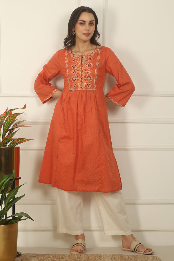 Orange Thread Embroidered Swiss Dot Cotton Flared Kurta