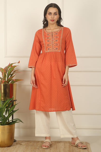 Orange Thread Embroidered Swiss Dot Cotton Flared Kurta