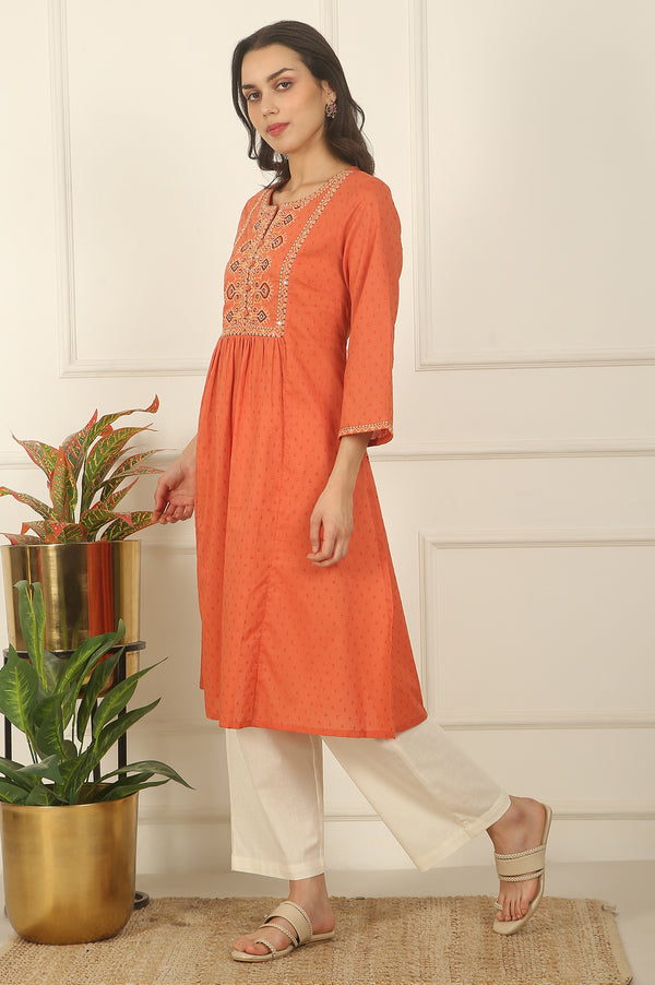 Orange Thread Embroidered Swiss Dot Cotton Flared Kurta