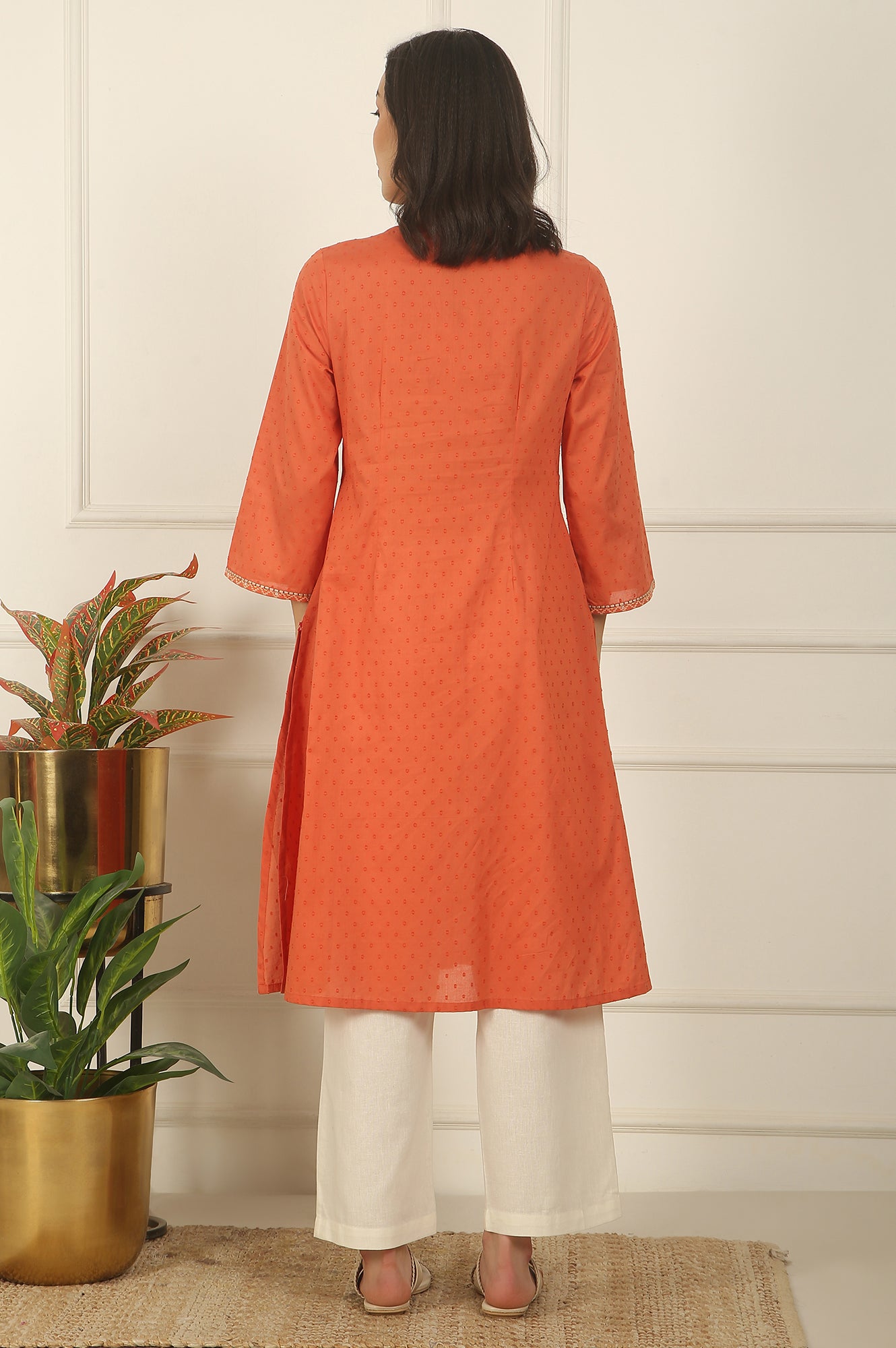 Orange Thread Embroidered Swiss Dot Cotton Flared Kurta