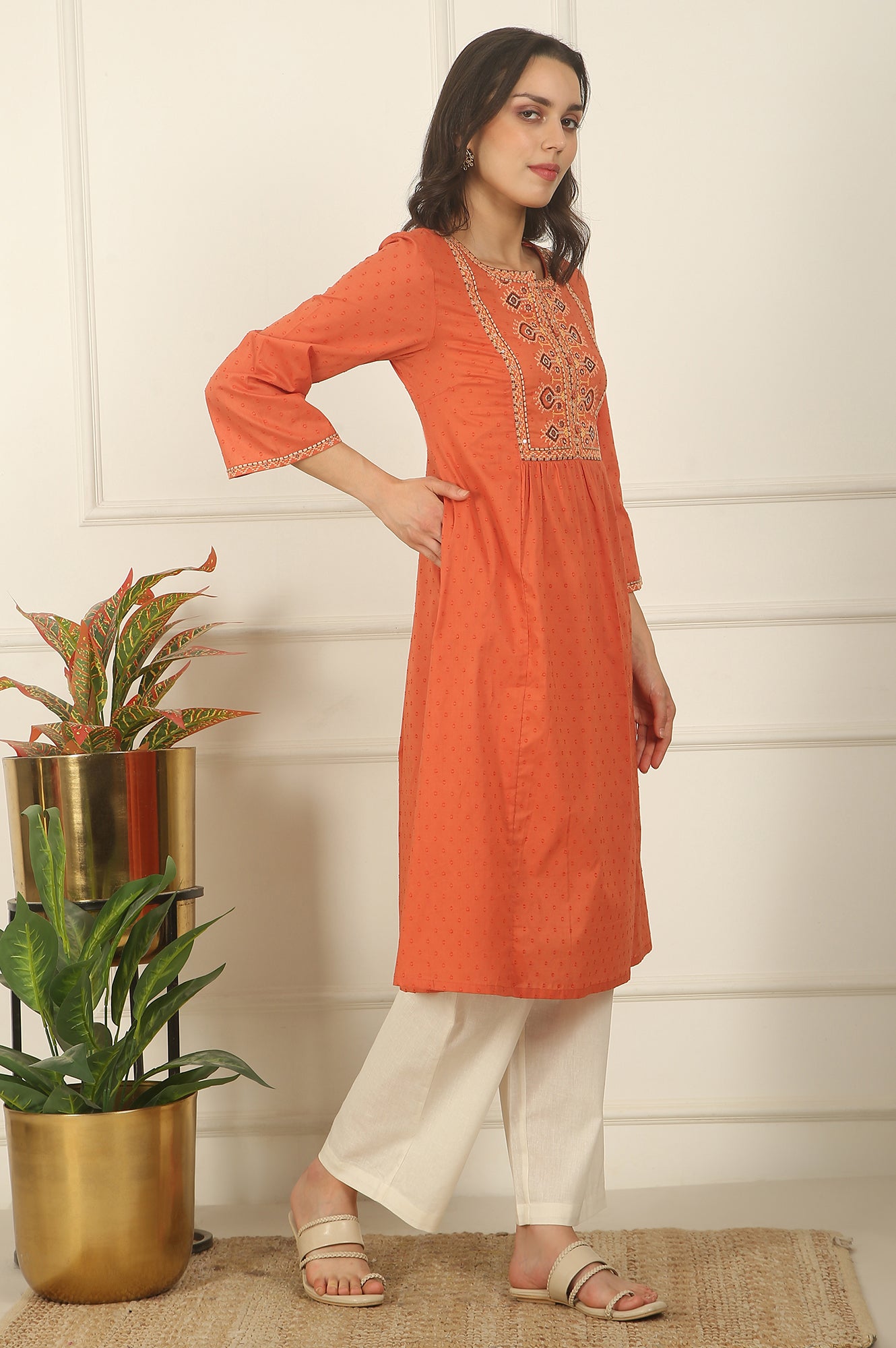Orange Thread Embroidered Swiss Dot Cotton Flared Kurta