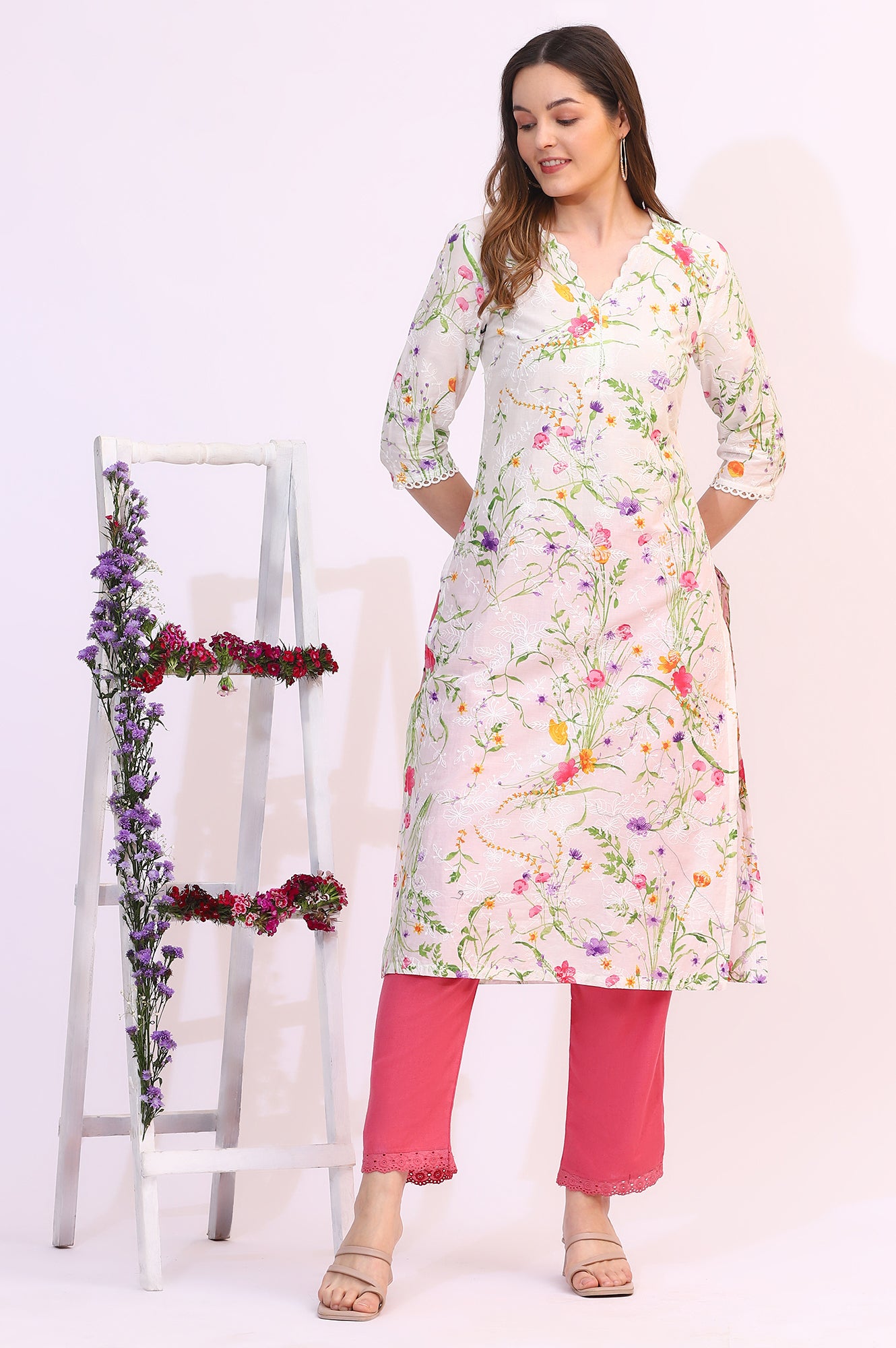 White Floral Printed Textured Schiffli Embroidered Straight Kurta
