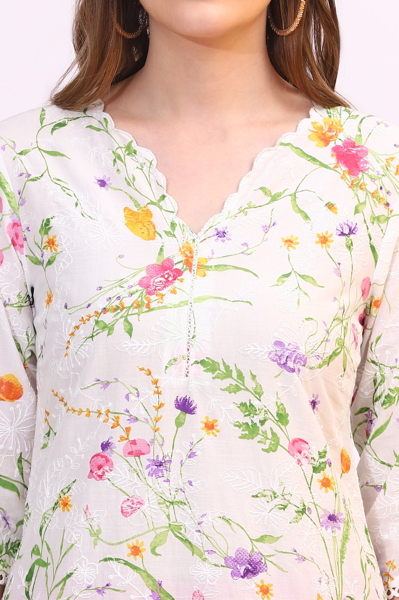 White Floral Printed Textured Schiffli Embroidered Straight Kurta