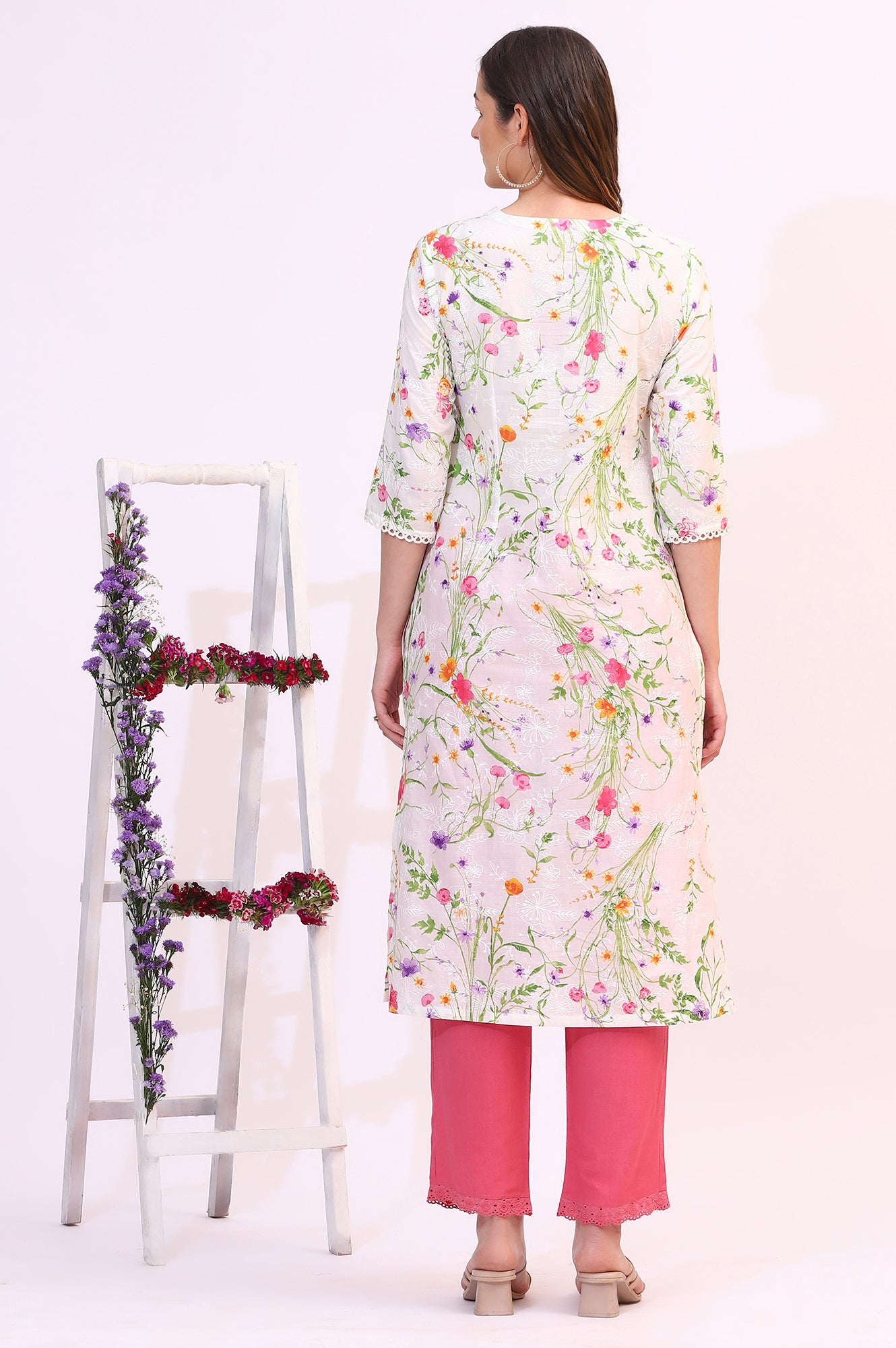 White Floral Printed Textured Schiffli Embroidered Straight Kurta
