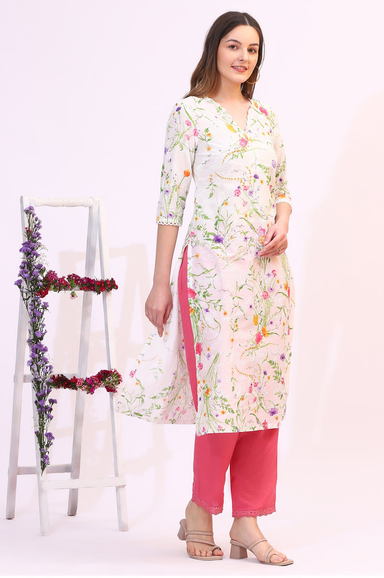 White Floral Printed Textured Schiffli Embroidered Straight Kurta