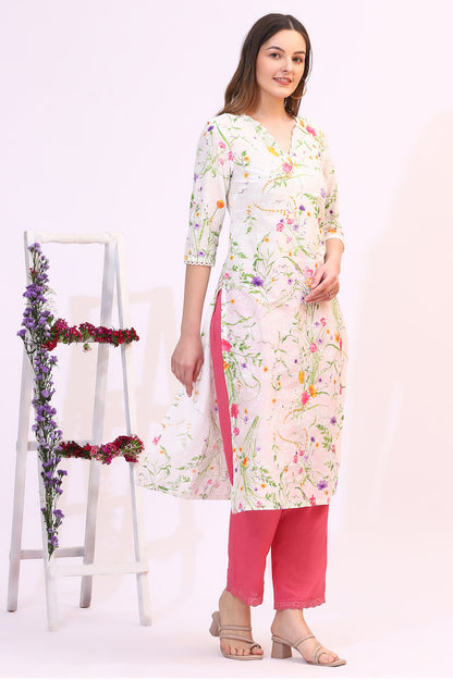 White Floral Printed Textured Schiffli Embroidered Straight Kurta