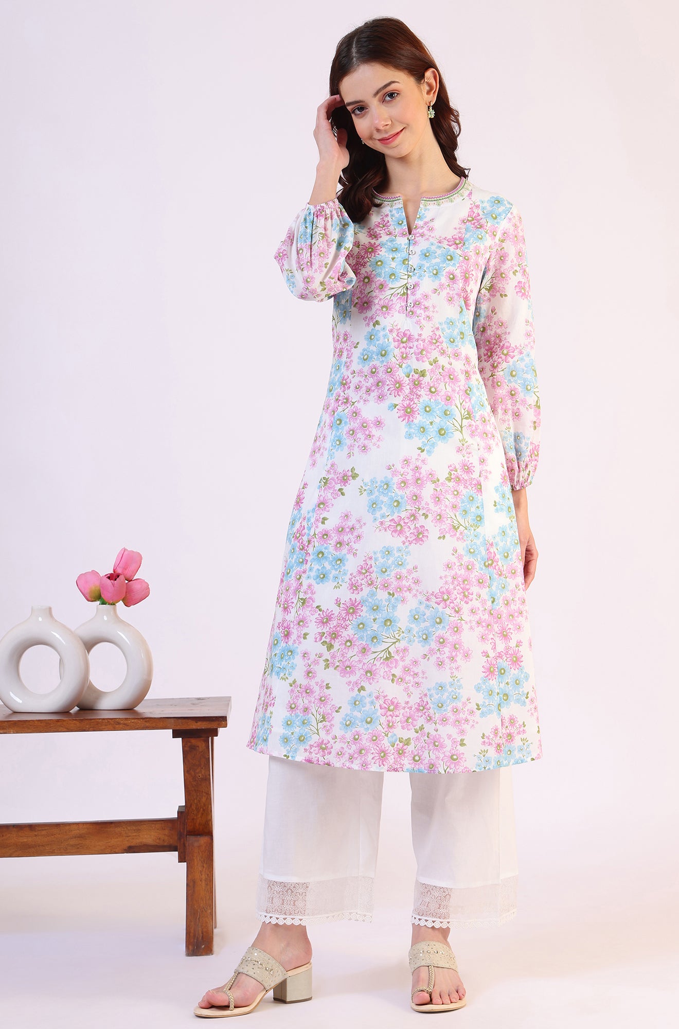 Purple Floral Printed Flared Pure Cotton Kurta With Embroidered Neck