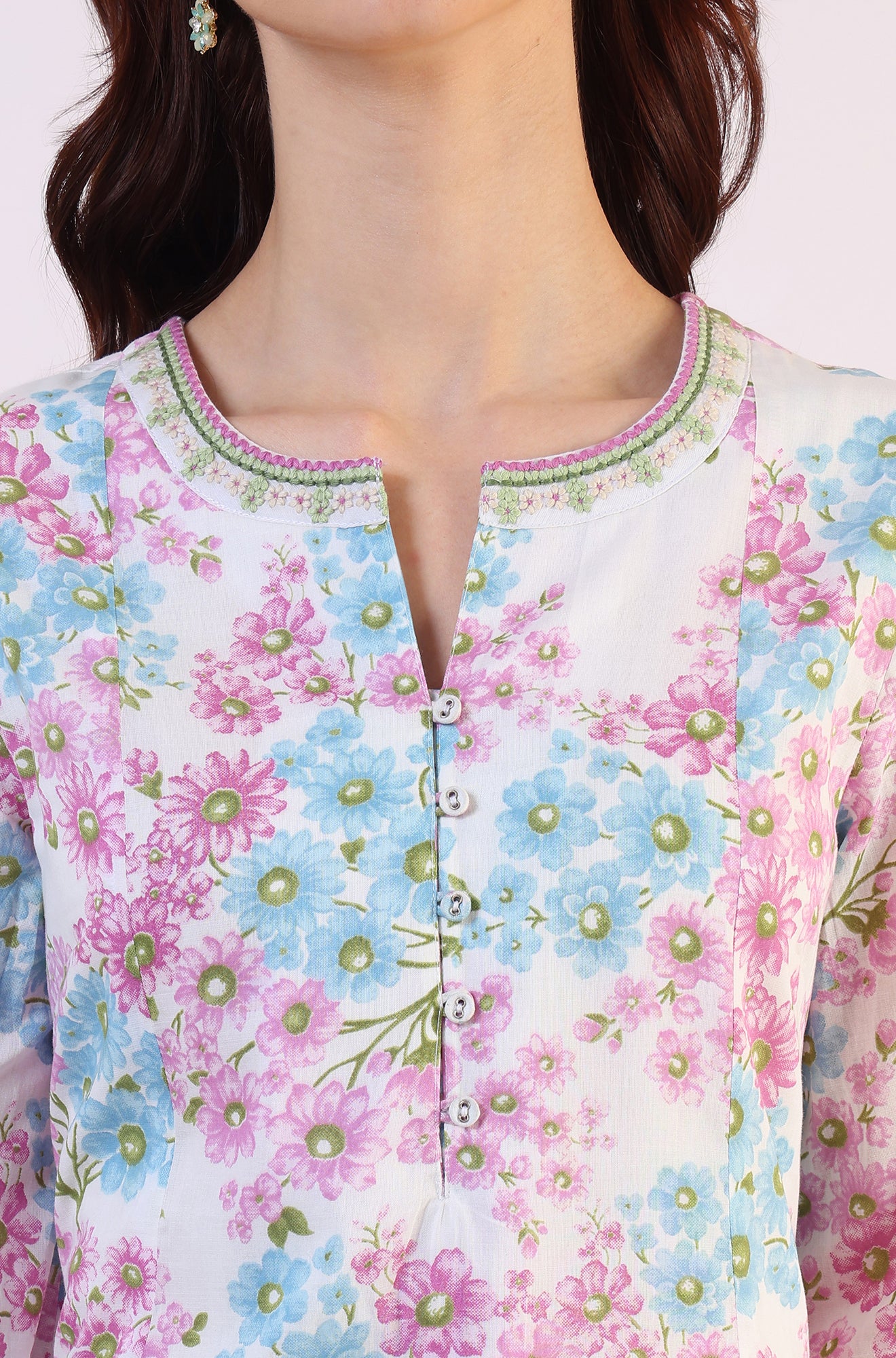 Purple Floral Printed Flared Pure Cotton Kurta With Embroidered Neck