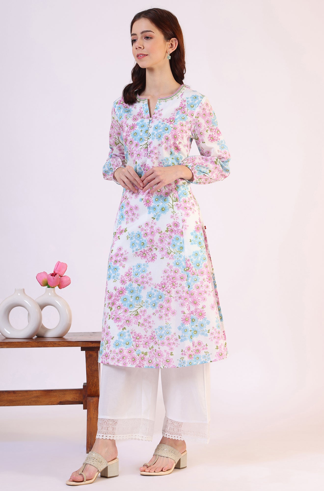 Purple Floral Printed Flared Pure Cotton Kurta With Embroidered Neck