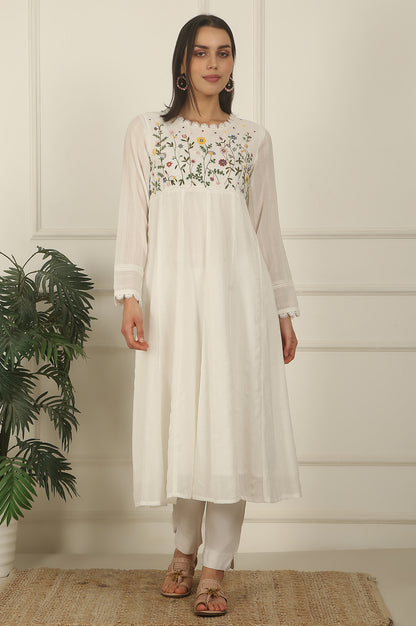 White Floral Embroidered Yoke Pure Cotton Anarkali Kurta