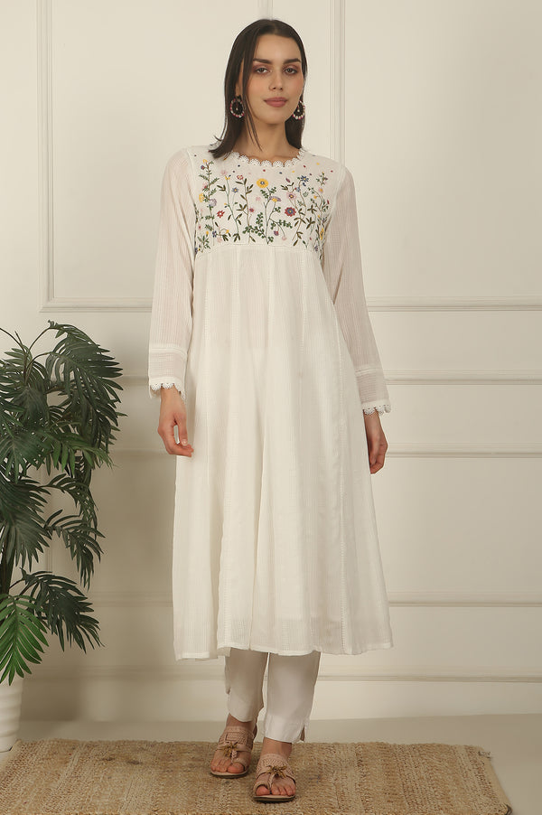 White Floral Embroidered Yoke Pure Cotton Anarkali Kurta