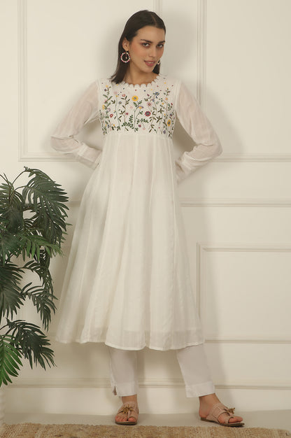 White Floral Embroidered Yoke Pure Cotton Anarkali Kurta