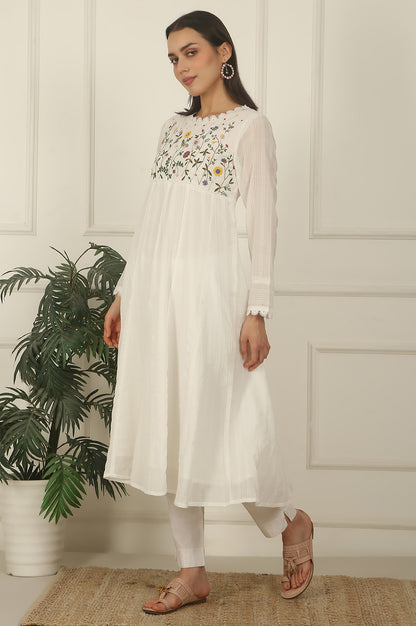 White Floral Embroidered Yoke Pure Cotton Anarkali Kurta
