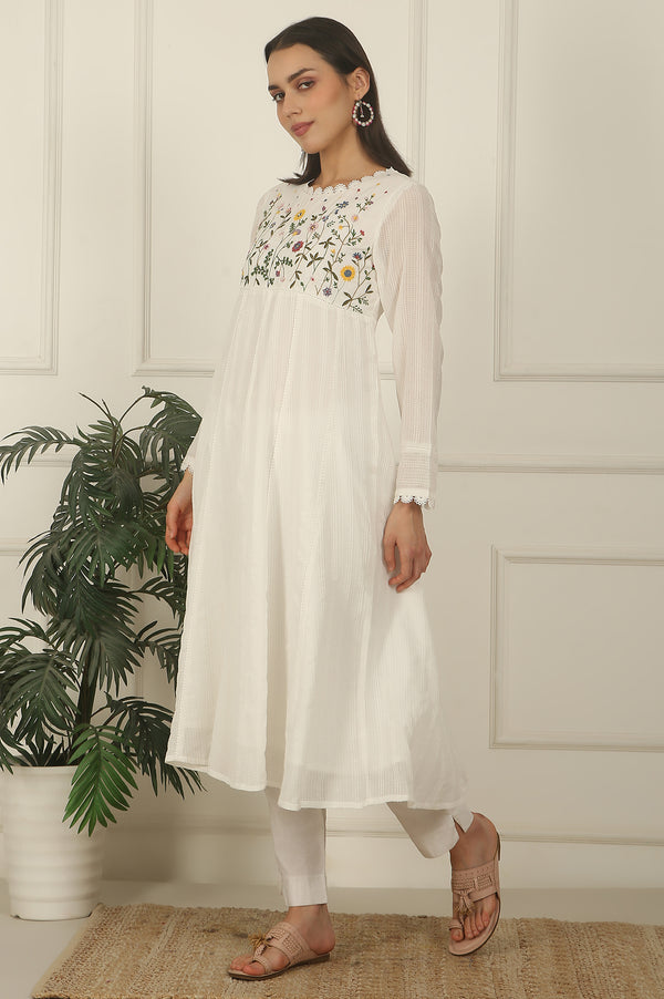 White Floral Embroidered Yoke Pure Cotton Anarkali Kurta