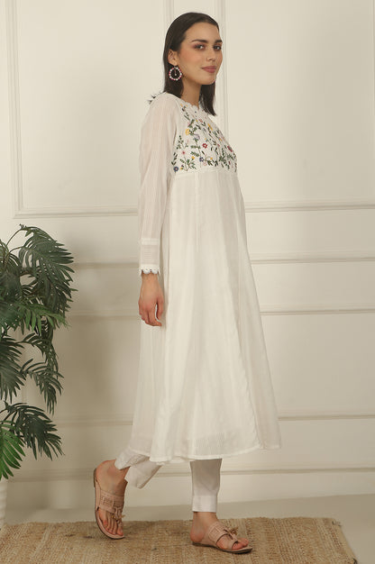 White Floral Embroidered Yoke Pure Cotton Anarkali Kurta