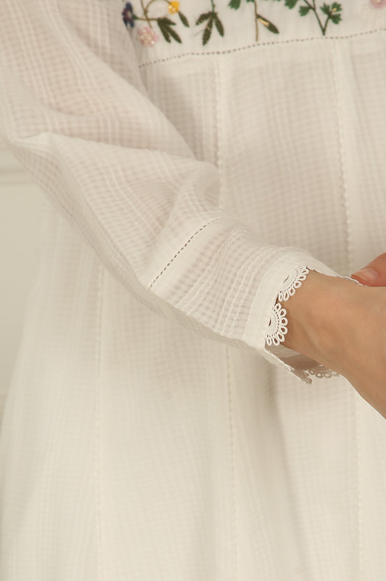 White Floral Embroidered Yoke Pure Cotton Anarkali Kurta