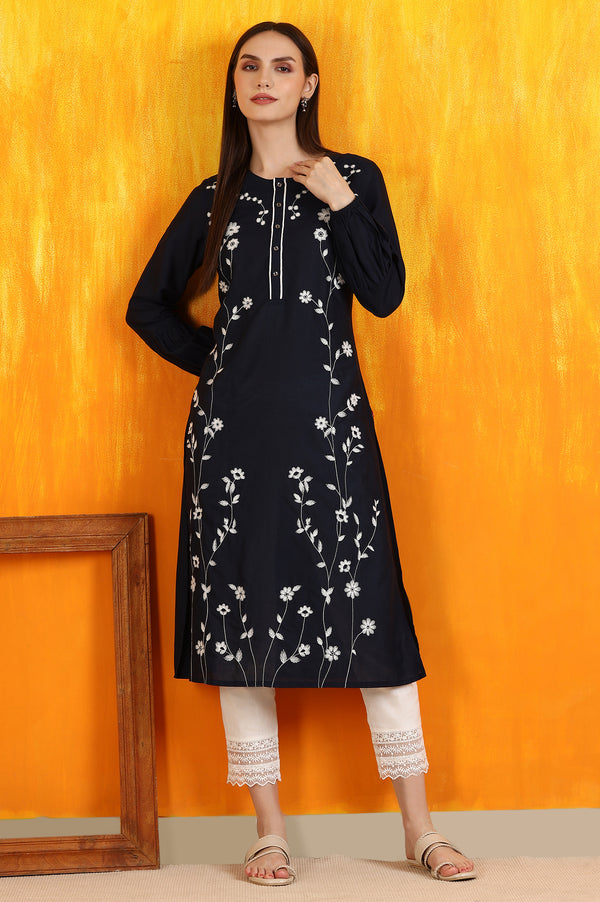 Black Thread Embroidered Cotton Modal Straight Kurta