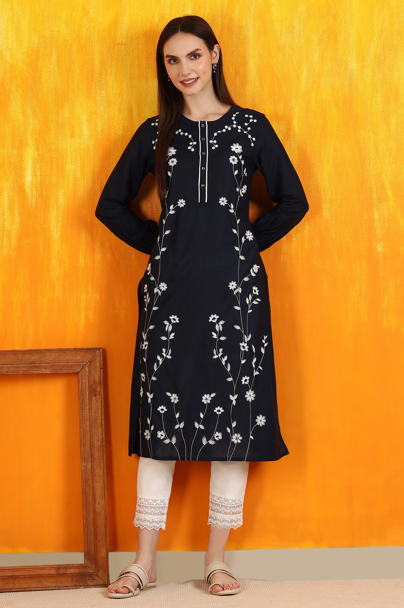 Black Thread Embroidered Cotton Modal Straight Kurta