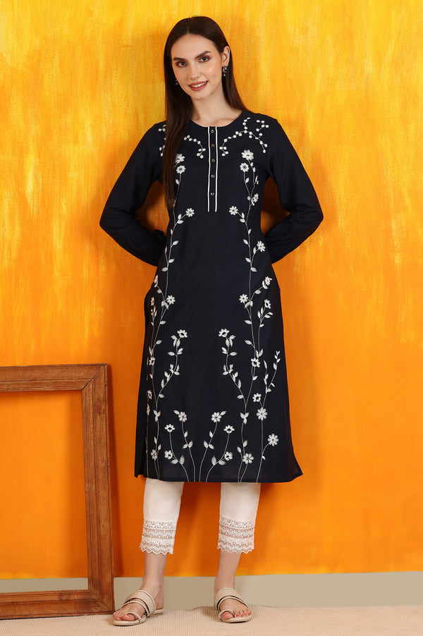 Black Thread Embroidered Cotton Modal Straight Kurta