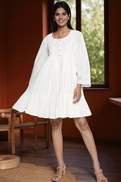 White Schiffli Embroidered Flared Cotton Dress