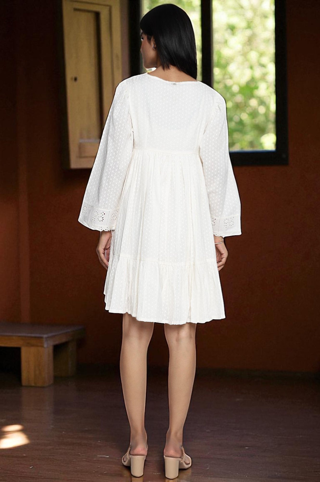 White Schiffli Embroidered Flared Cotton Dress