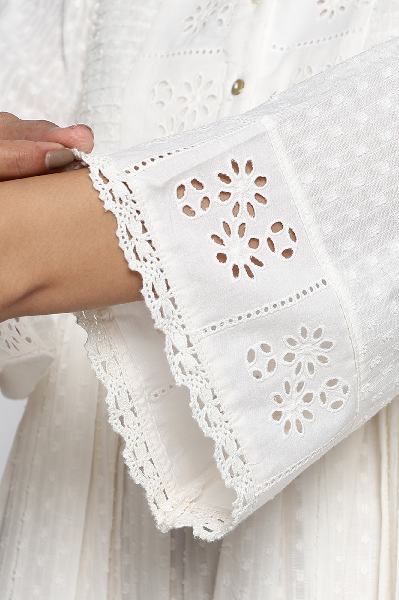 White Schiffli Embroidered Flared Cotton Dress