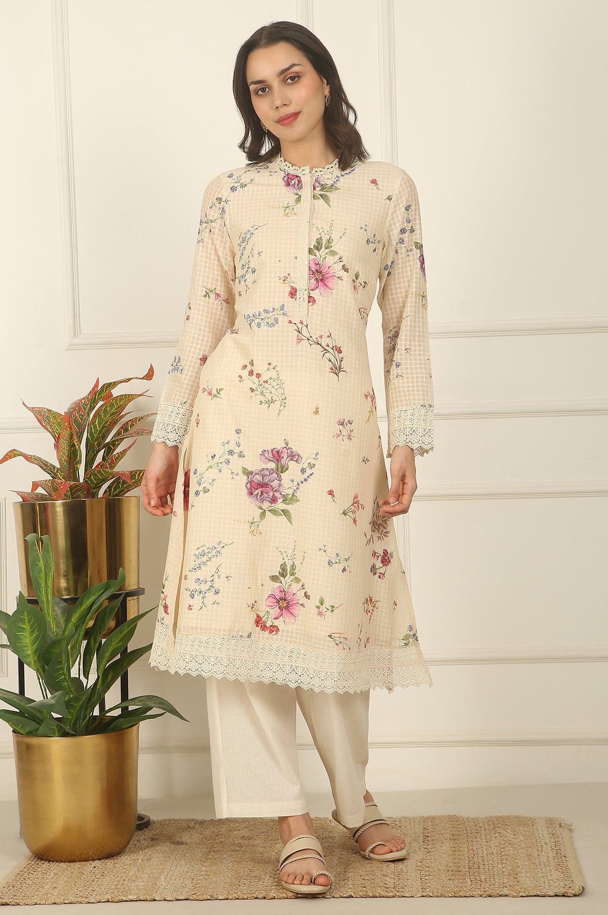 Off-White Floral Printed Checker Cotton A-line Kurta - S