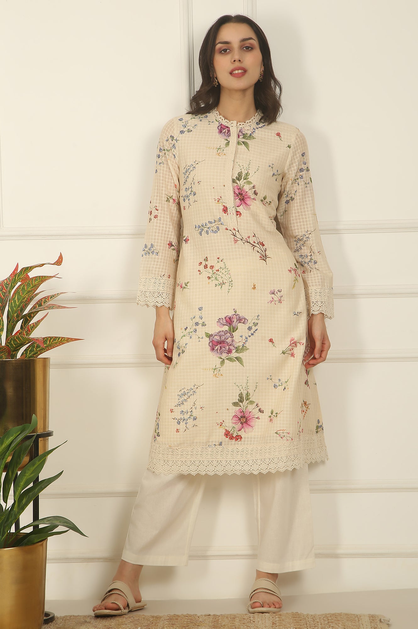 Off-White Floral Printed Checker Cotton A-line Kurta