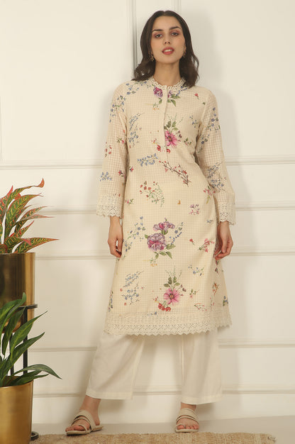 Off-White Floral Printed Checker Cotton A-line Kurta