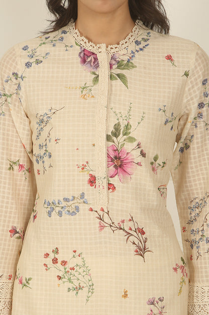 Off-White Floral Printed Checker Cotton A-line Kurta