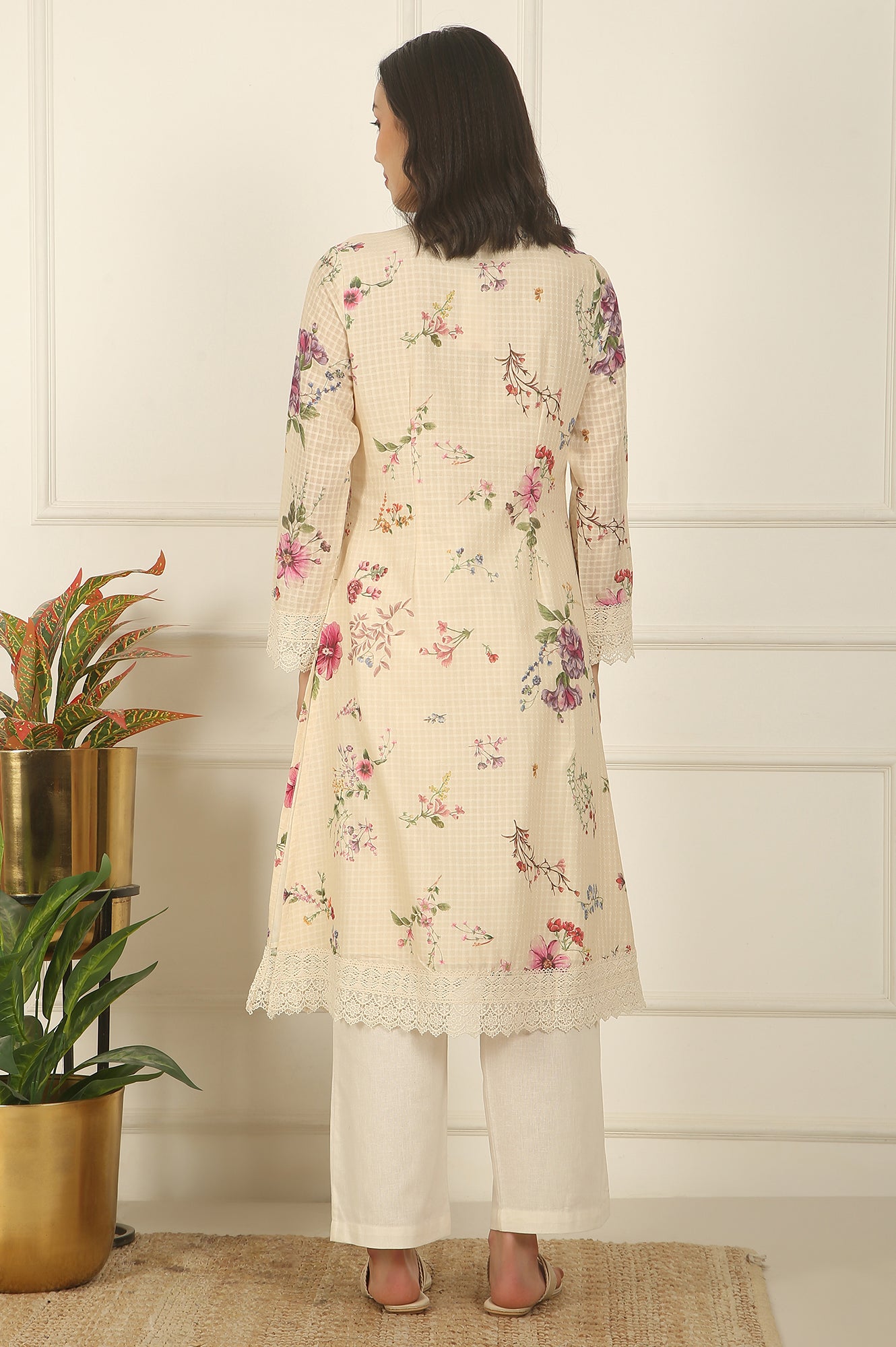 Off-White Floral Printed Checker Cotton A-line Kurta
