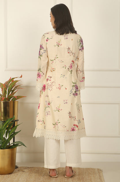 Off-White Floral Printed Checker Cotton A-line Kurta