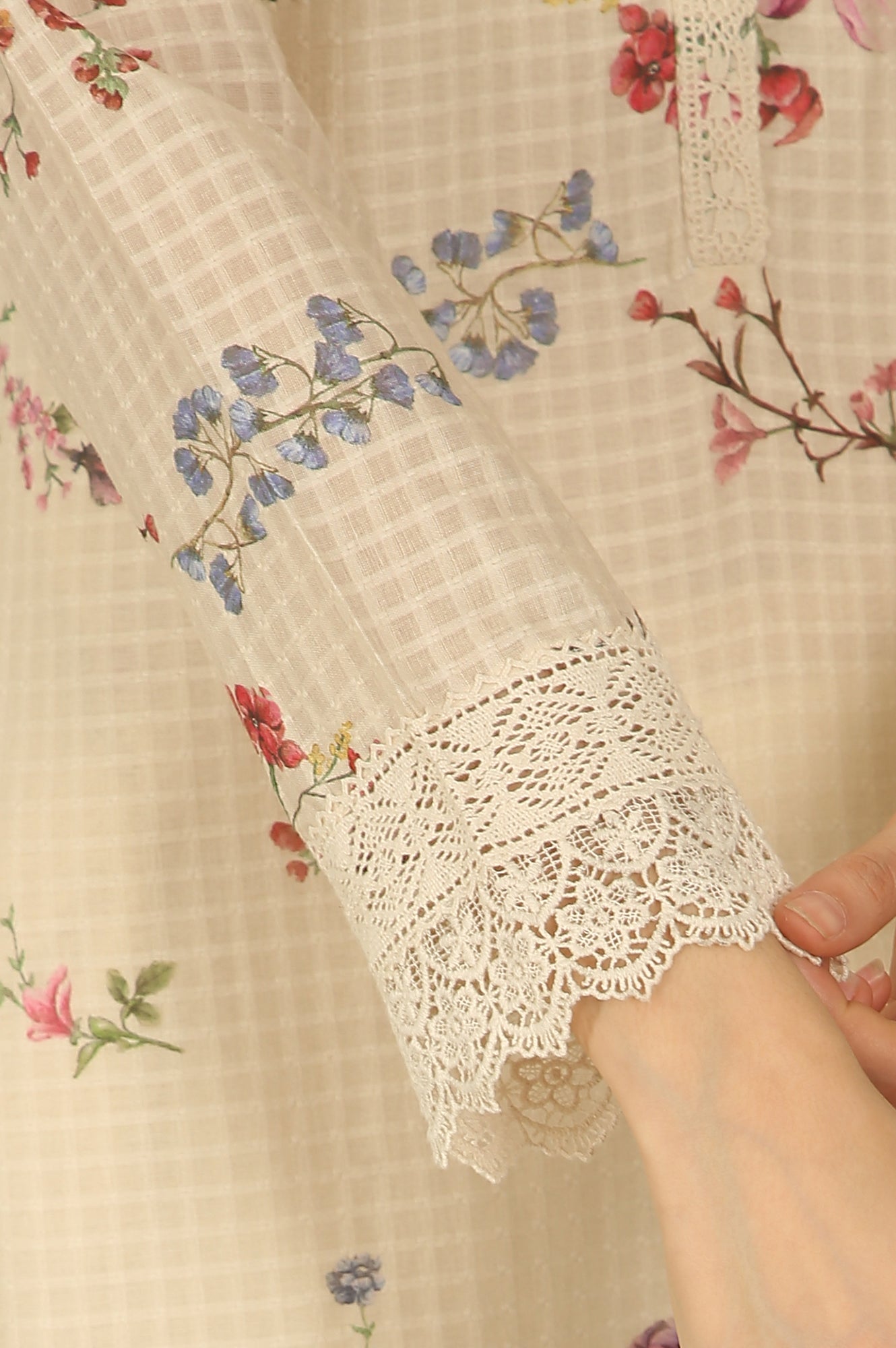 Off-White Floral Printed Checker Cotton A-line Kurta