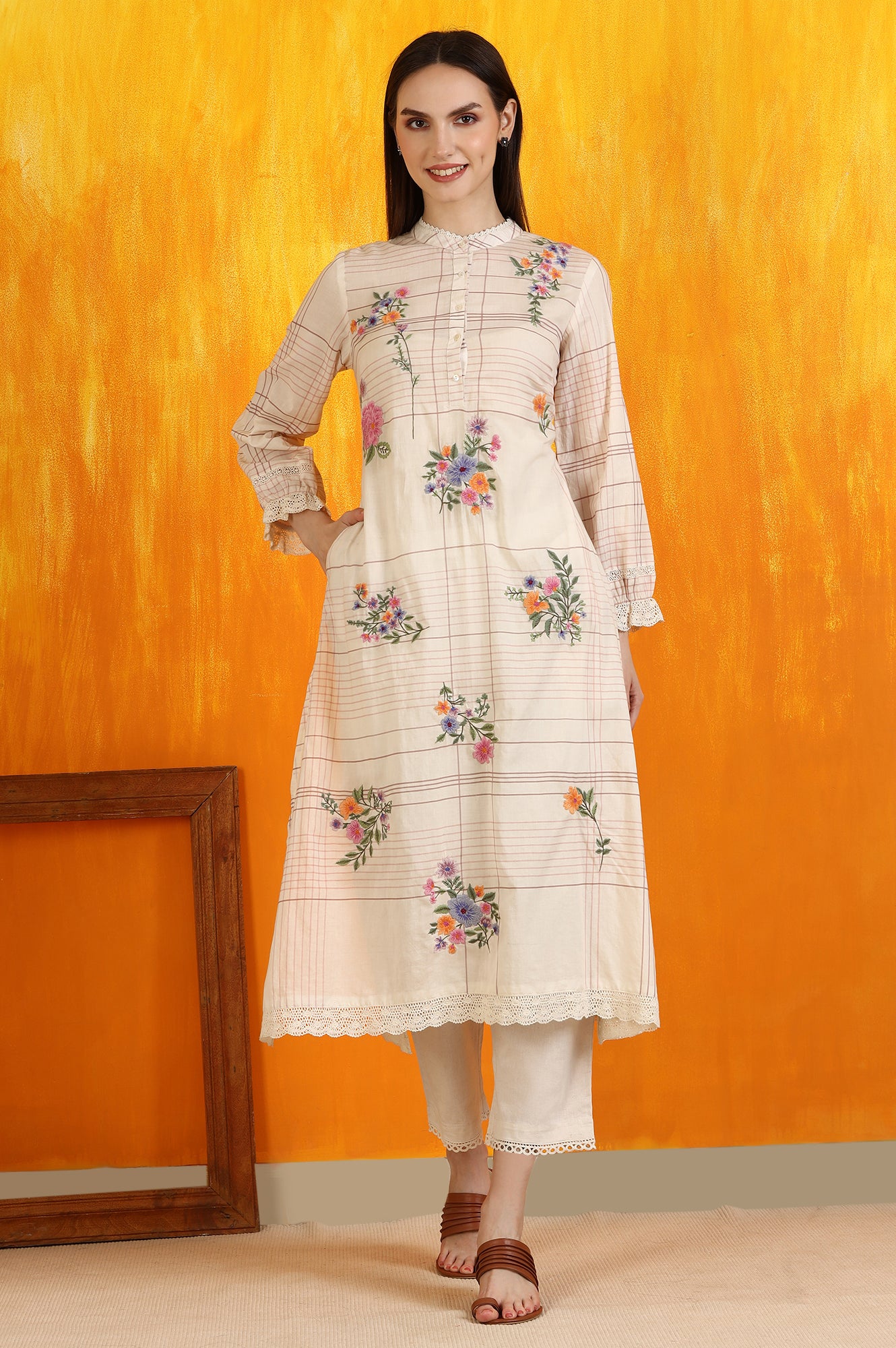 White Checker Floral Embroidered Pure Cotton A-line Kurta