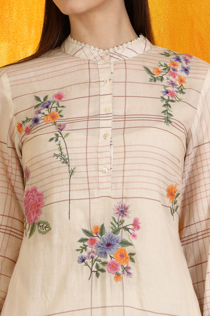 White Checker Floral Embroidered Pure Cotton A-line Kurta