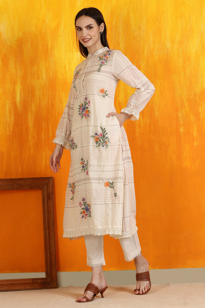White Checker Floral Embroidered Pure Cotton A-line Kurta