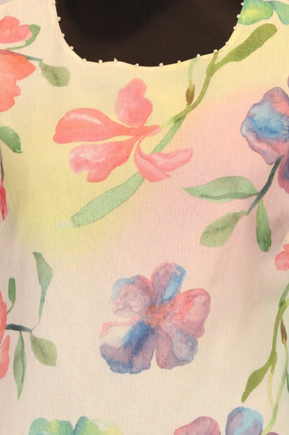 Cream Floral Printed Beadwork Silver Chiffon Straight Kurta