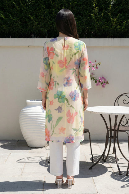 Cream Floral Printed Beadwork Silver Chiffon Straight Kurta