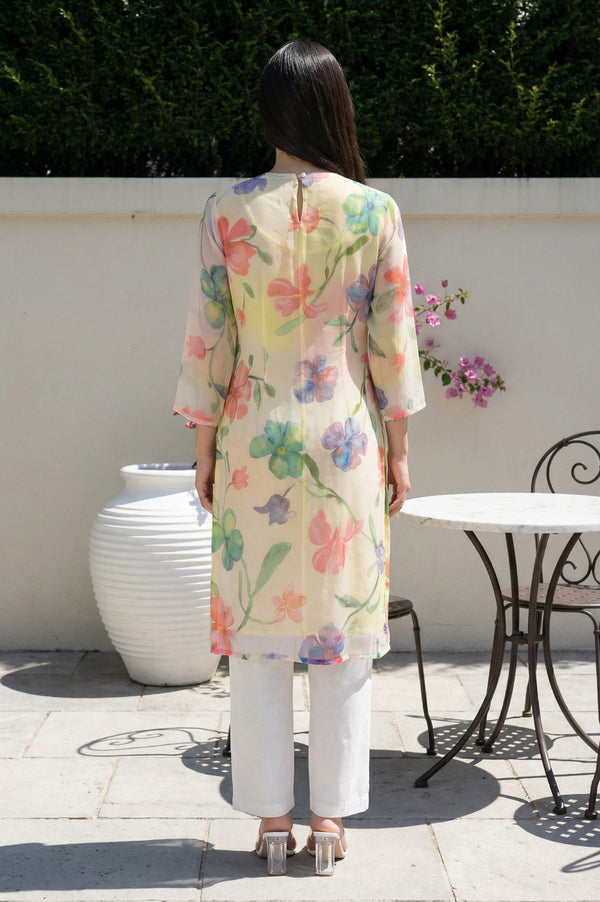 Cream Floral Printed Beadwork Silver Chiffon Straight Kurta