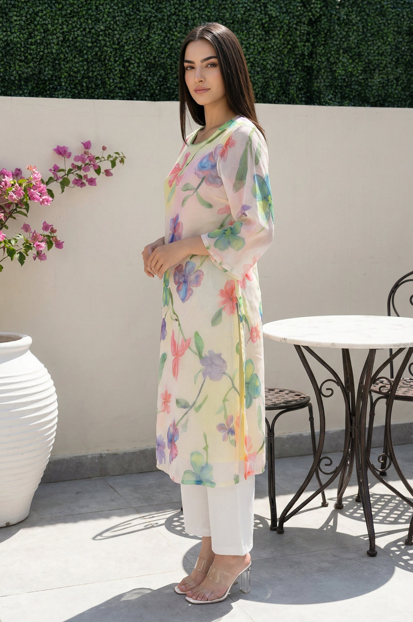 Cream Floral Printed Beadwork Silver Chiffon Straight Kurta