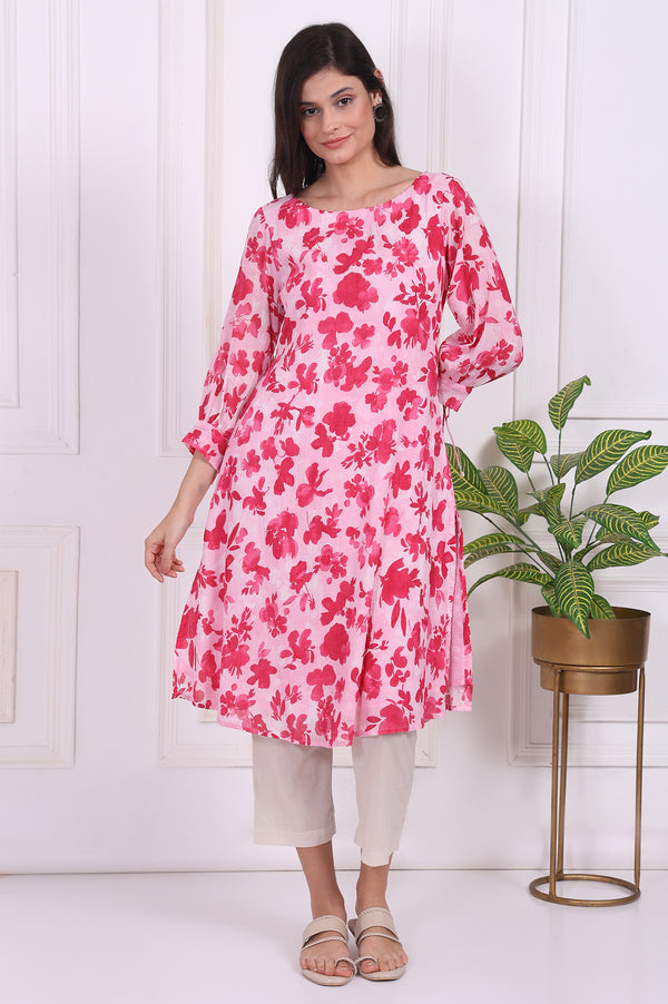 Pink Floral Printed Cotton Crepe Curved A-line Kurta