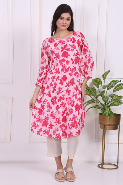 Pink Floral Printed Cotton Crepe Curved A-line Kurta