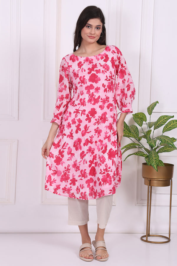 Pink Floral Printed Cotton Crepe Curved A-line Kurta