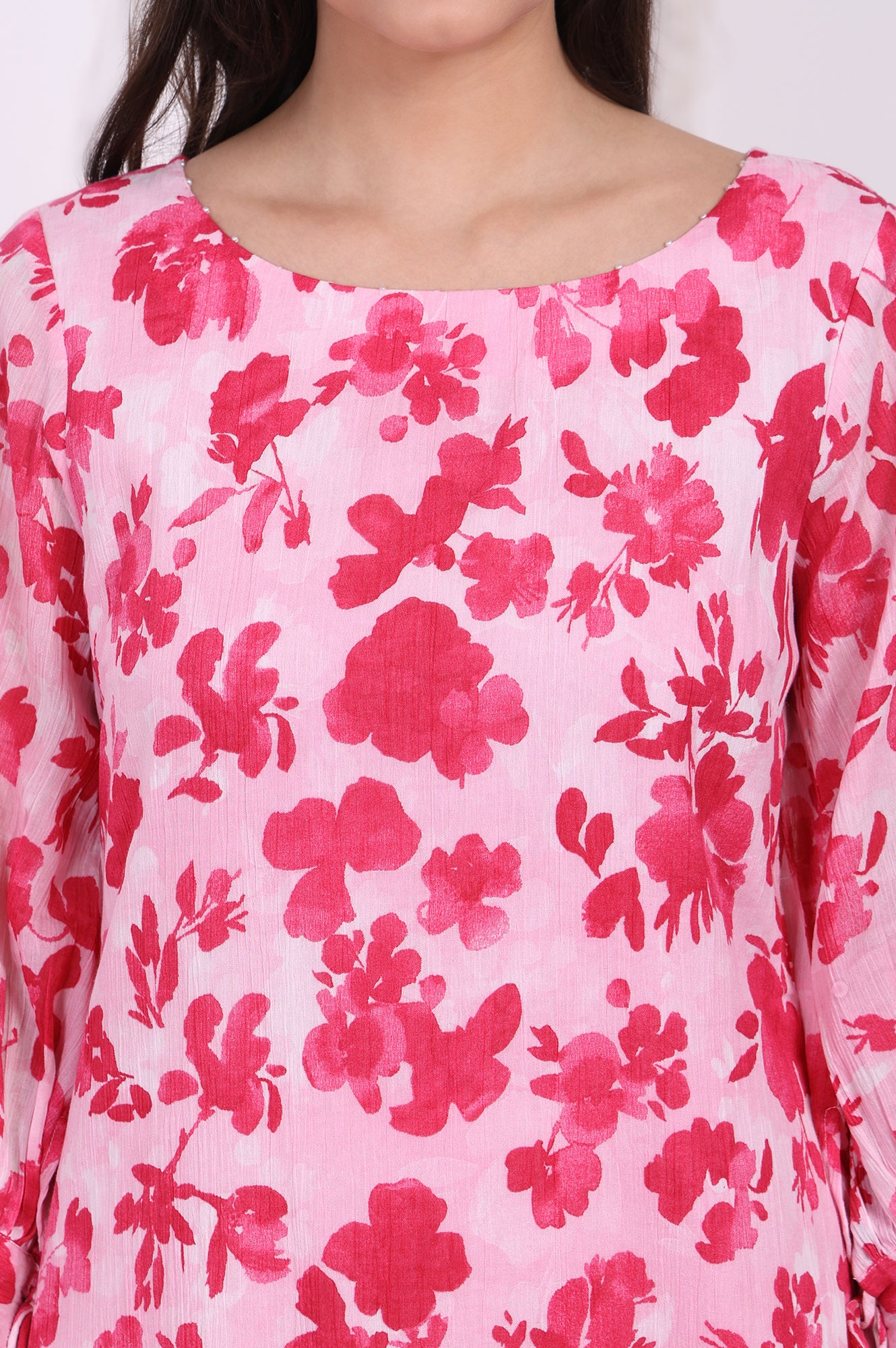 Pink Floral Printed Cotton Crepe Curved A-line Kurta