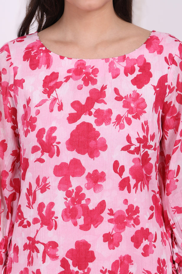 Pink Floral Printed Cotton Crepe Curved A-line Kurta