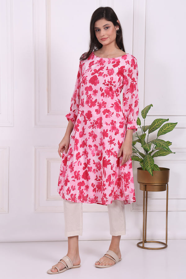 Pink Floral Printed Cotton Crepe Curved A-line Kurta