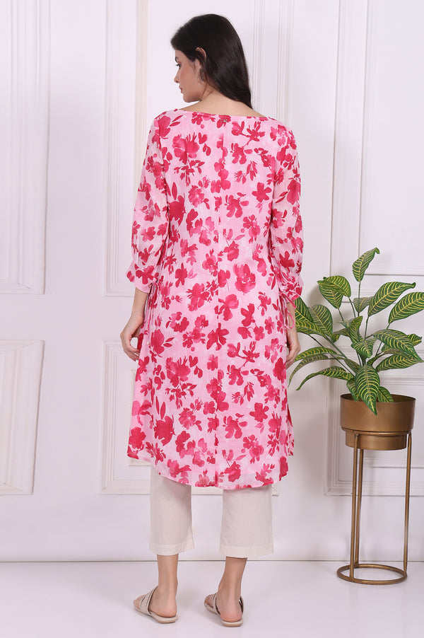 Pink Floral Printed Cotton Crepe Curved A-line Kurta
