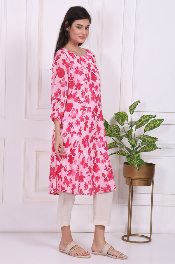 Pink Floral Printed Cotton Crepe Curved A-line Kurta