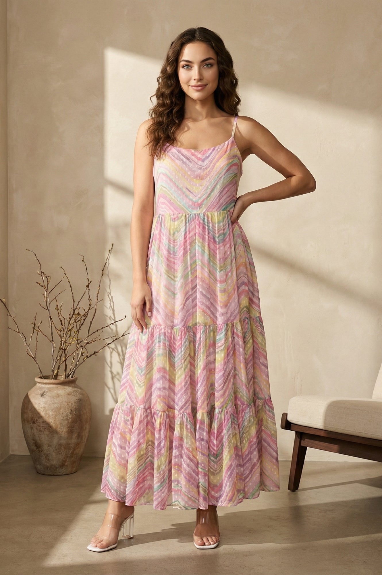 Multicolor Chevron Chiffon Tiered Dress