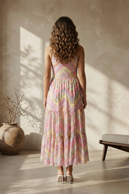 Multicolor Chevron Chiffon Tiered Dress
